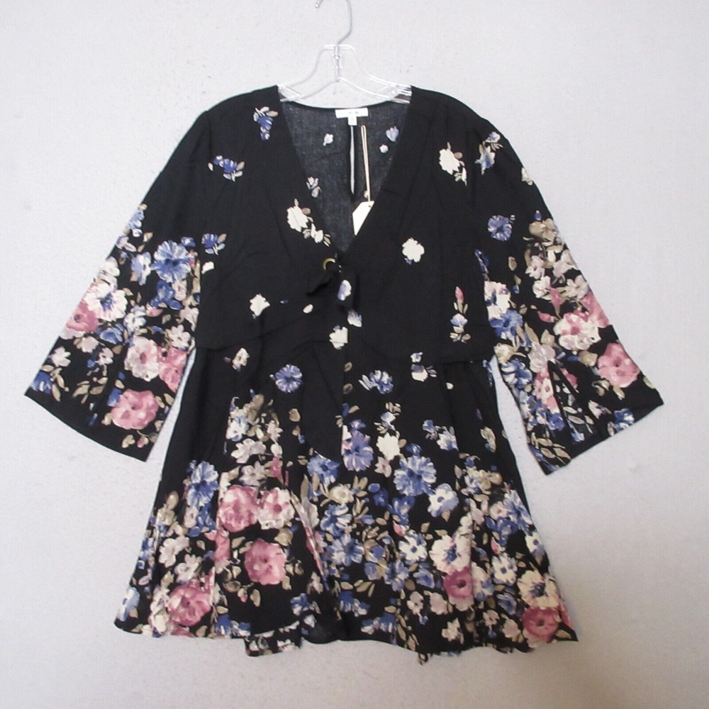 Jodifil Top Large Black Floral Flowy Boho Slit Sleeve Cottage Core ‎ NWT